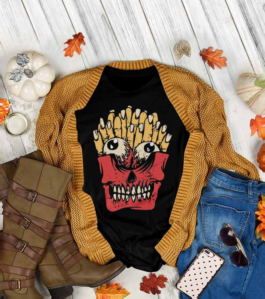 Zombie Finger Potatoes Skull with Fry Hair and Big Eyes T-Shirt