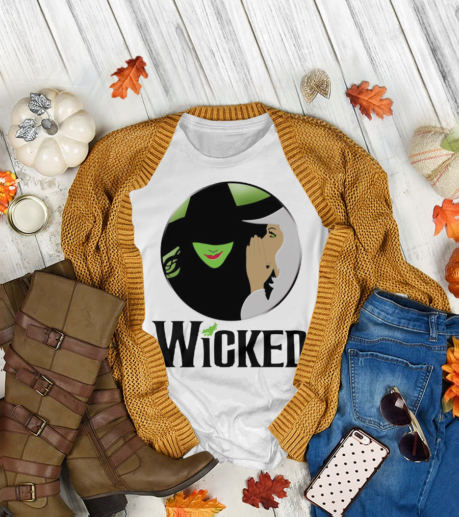 Wicked Broadway Musical Iconic Green Witch and Whispering Character T-Shirt
