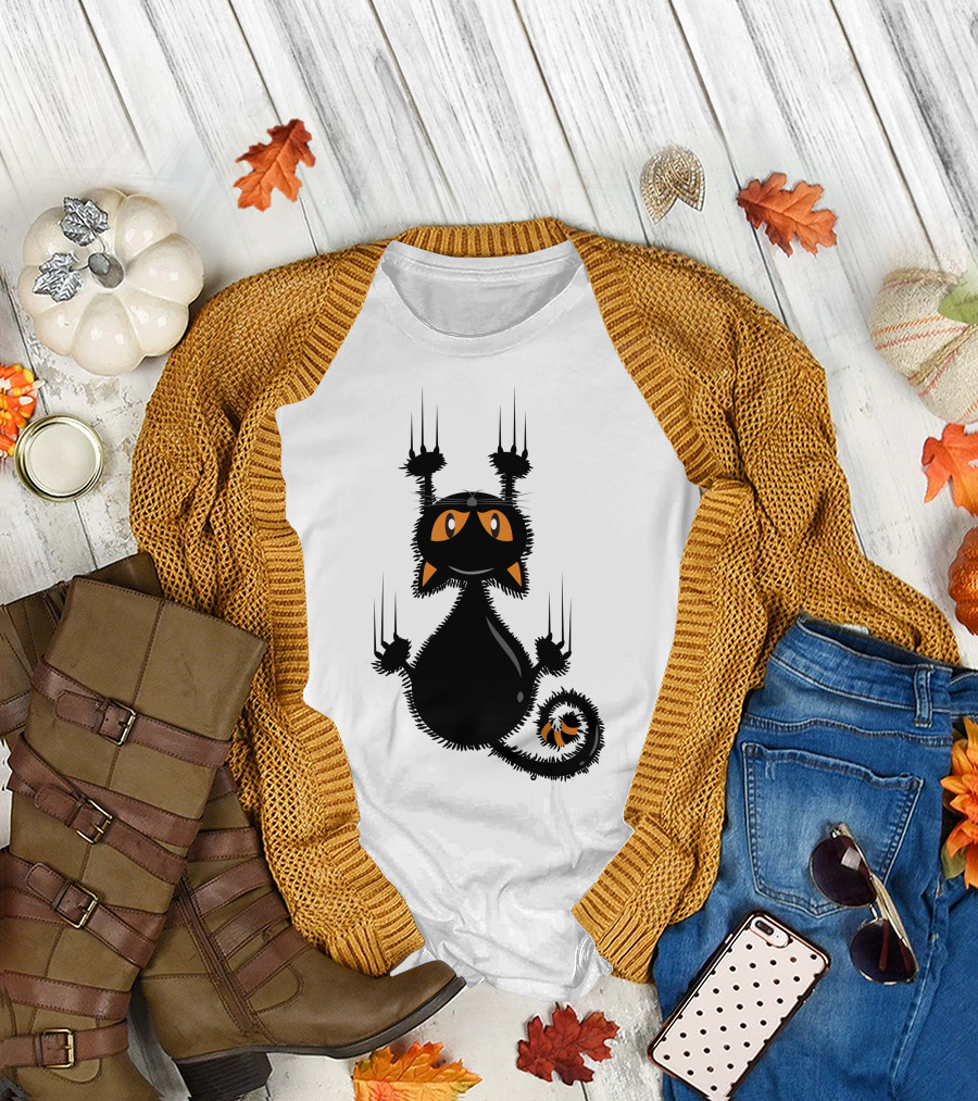 Halloween Funny Black Cat Clawing with Orange Ears and Whiskers T-Shirt