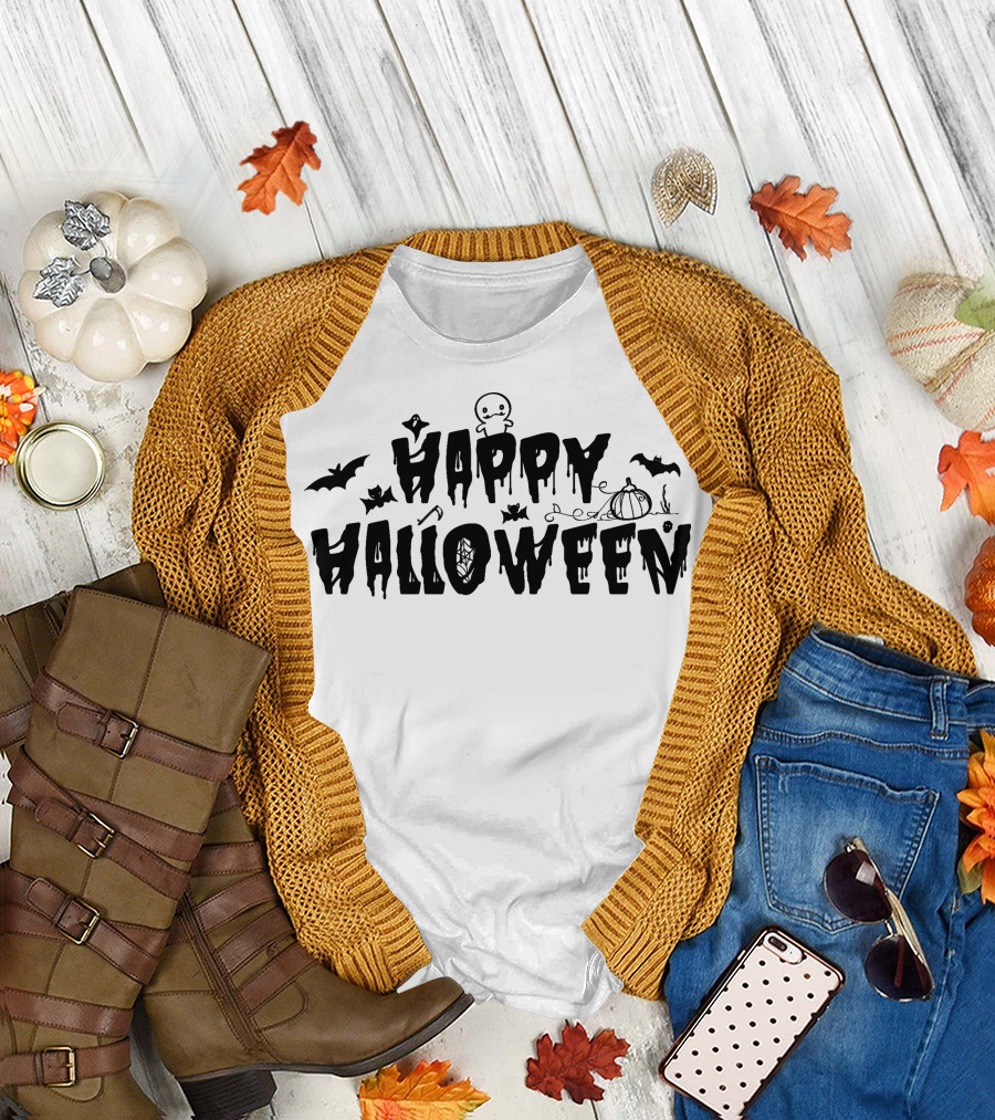 Happy Halloween Typography with Bats, Pumpkin, and Spider Elements T-Shirt