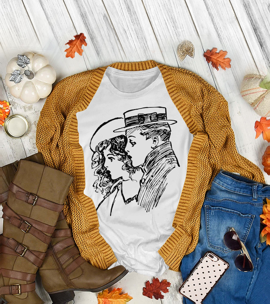 Romantic Vintage Line Art Drawing of Couple in Hats T-Shirt