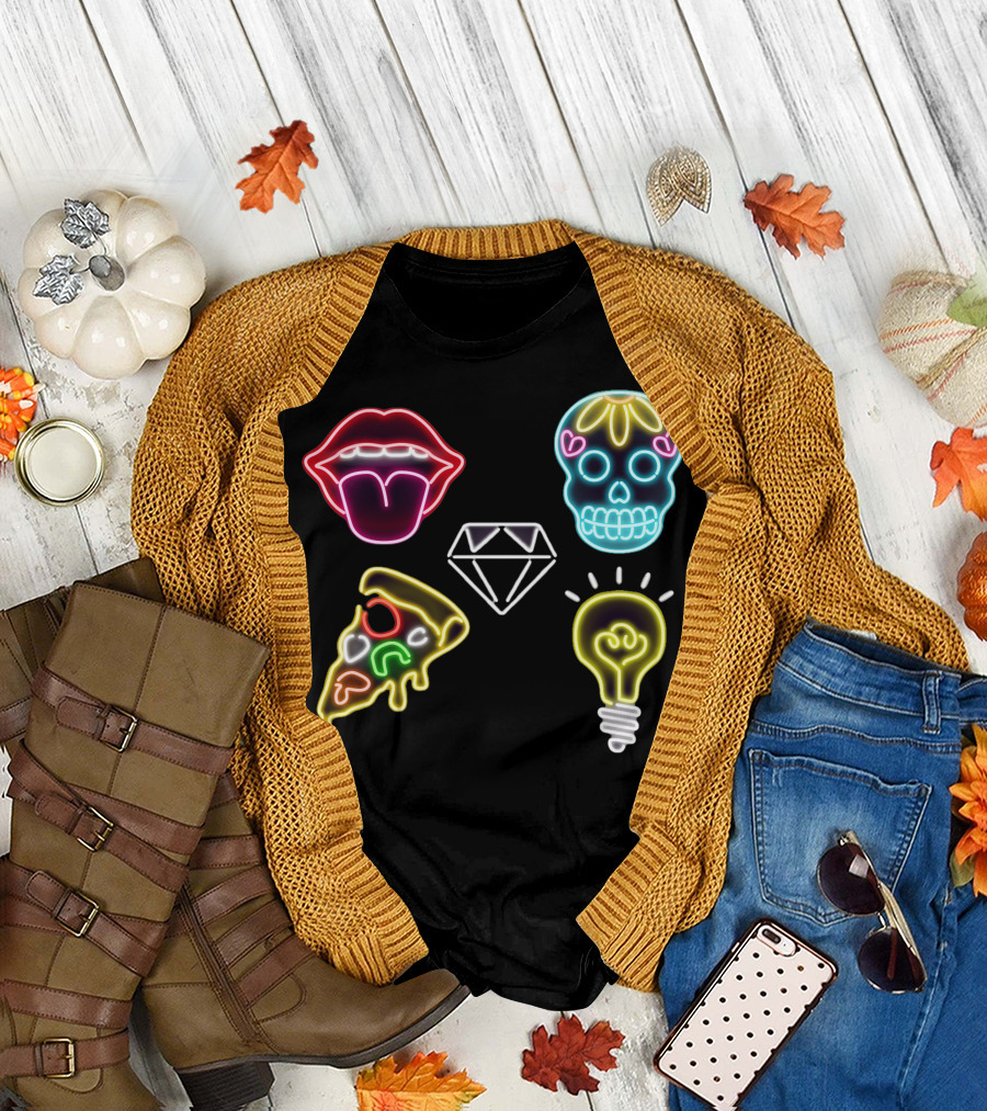 Neon Sign Mouth Pizza Skull Diamond Light Bulb T-Shirt
