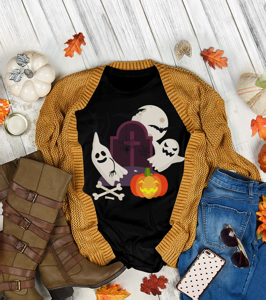 Purple Brown Orange Ghosts Tombstone Pumpkin Moon Bats T-Shirt