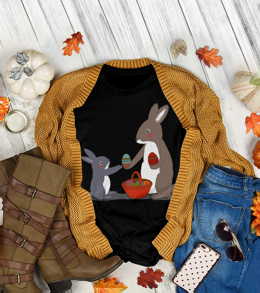 Rabbit Mothers Sharing Colored Eggs in Baskets T-Shirt