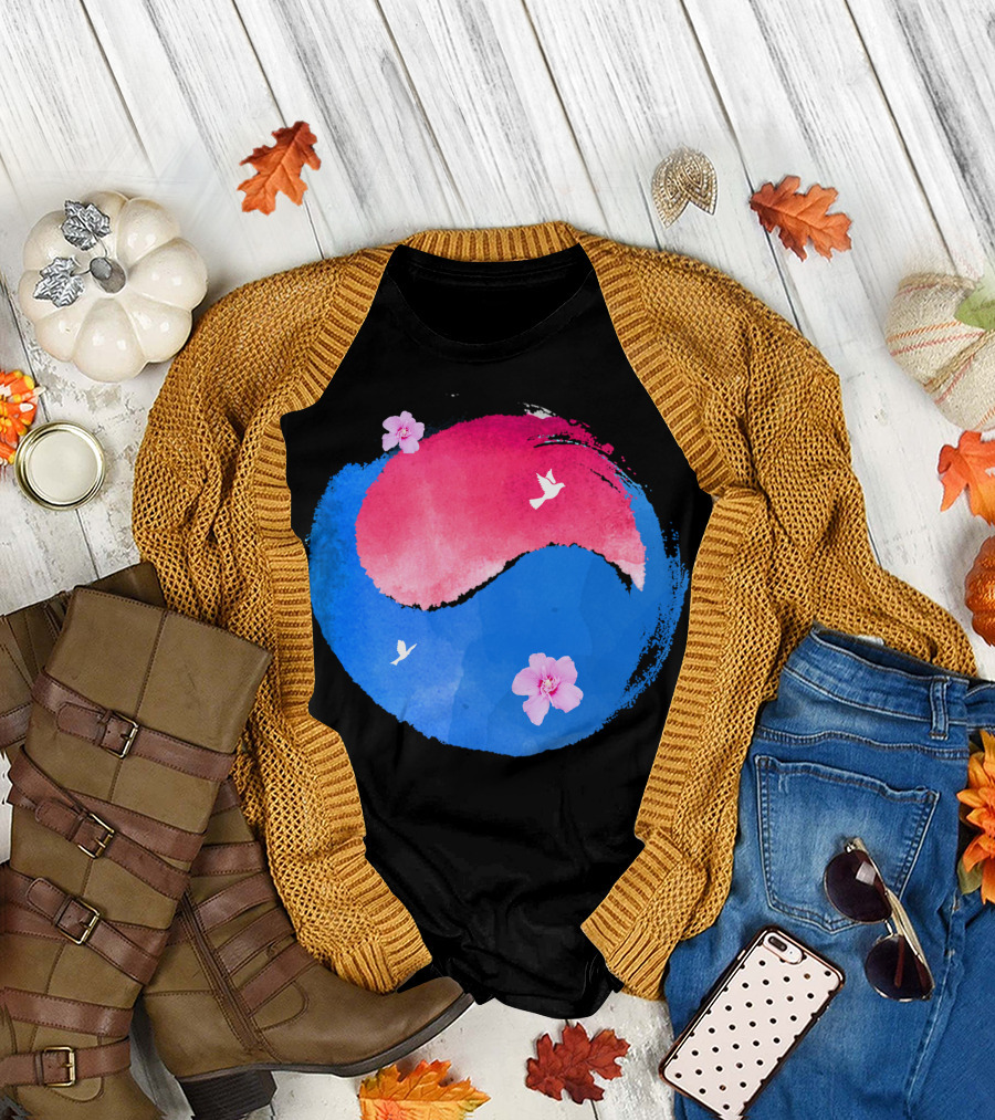 Watercolor Taiji Korean Flag Cherry Blossoms and Birds T-Shirt