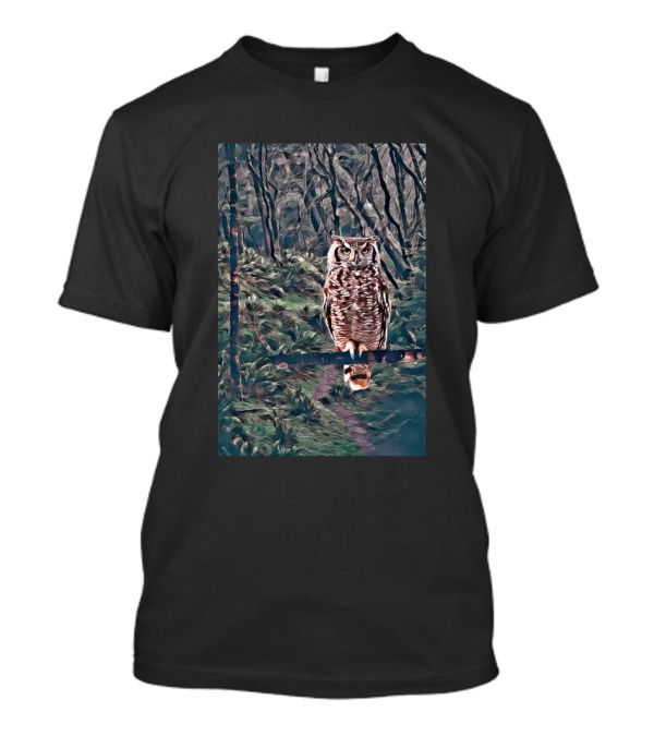 Owl Perched Amidst Mysterious Black Forest Pathway T-Shirt