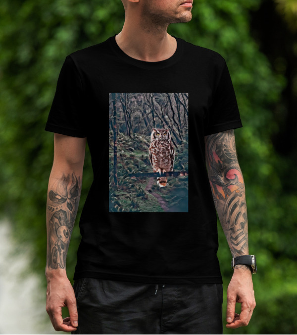 Owl Perched Amidst Mysterious Black Forest Pathway T-Shirt