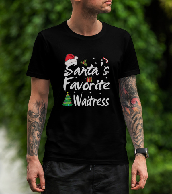 Santa's Favorite Waitress Christmas Hat Holly Candy Cane Gift Tree T-Shirt