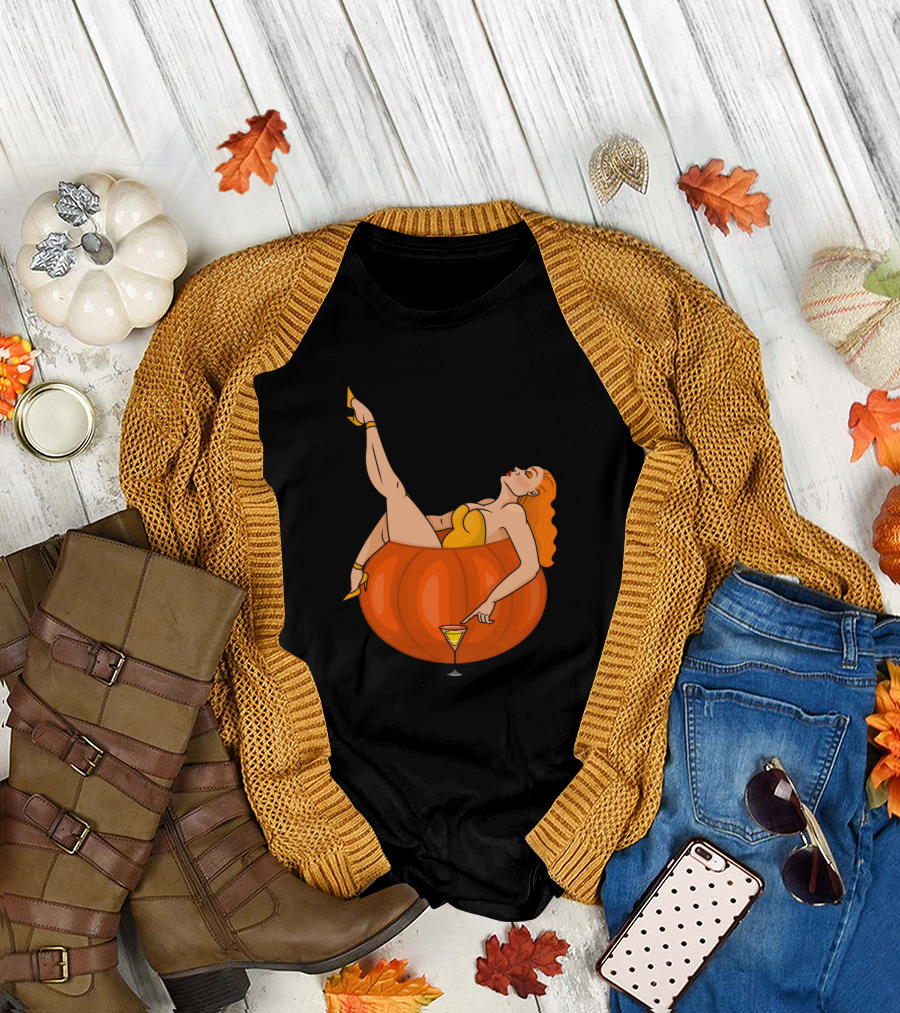 Autumn Pin Up Pumpkin Cocktail Playful Pose T-Shirt