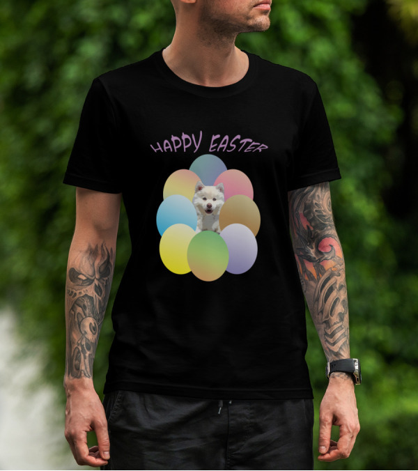 Happy Easter Little White Dog Surrounded By Colorful Eggs T-Shirt