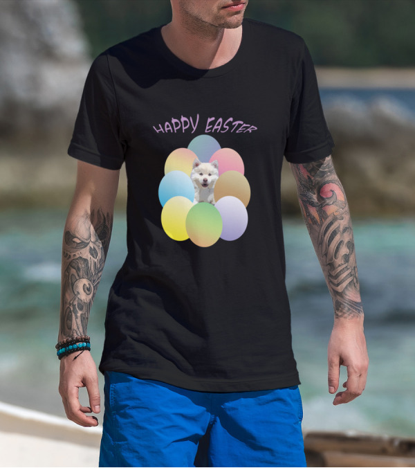 Happy Easter Little White Dog Surrounded By Colorful Eggs T-Shirt