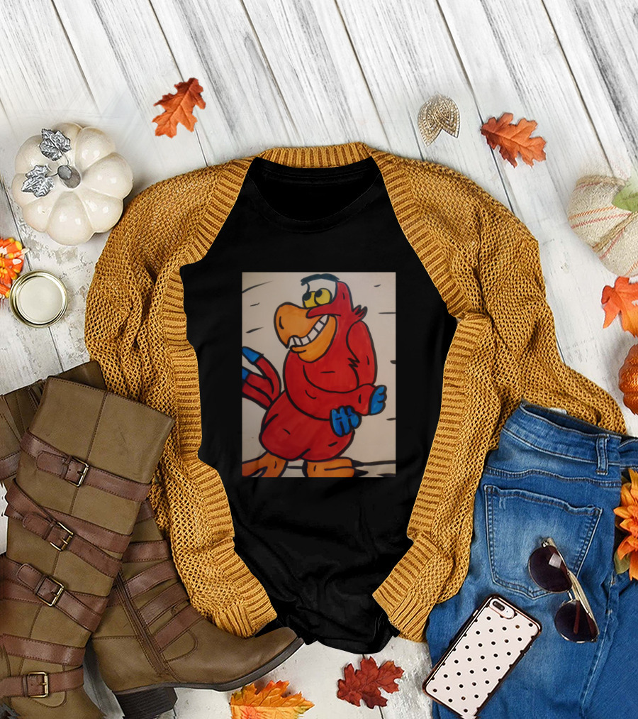 Iago Red Parrot Cartoon Character with Blue Gloves and Yellow Beak T-Shirt