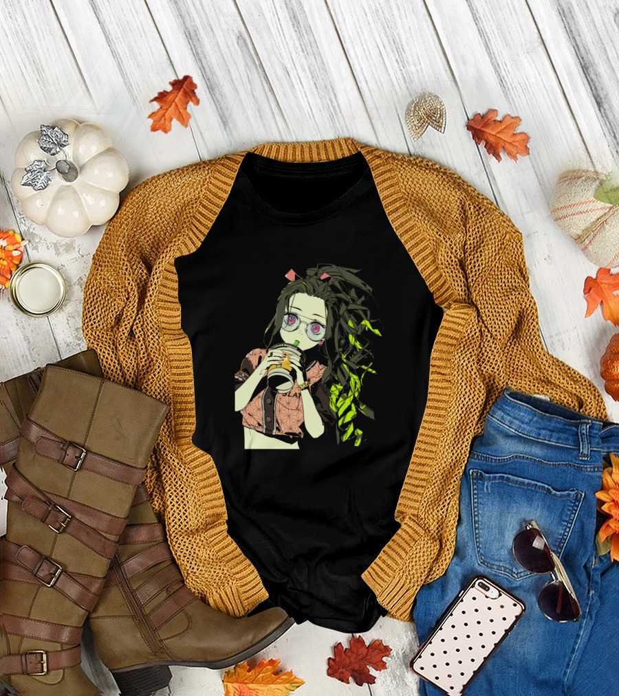 Anime Girl with Pink Eyes and Drink T-Shirt