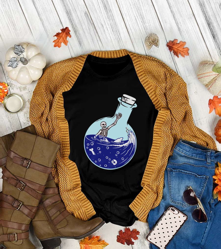 Skull Skeleton in Potion Bottle with Shark Fin and Bones T-Shirt