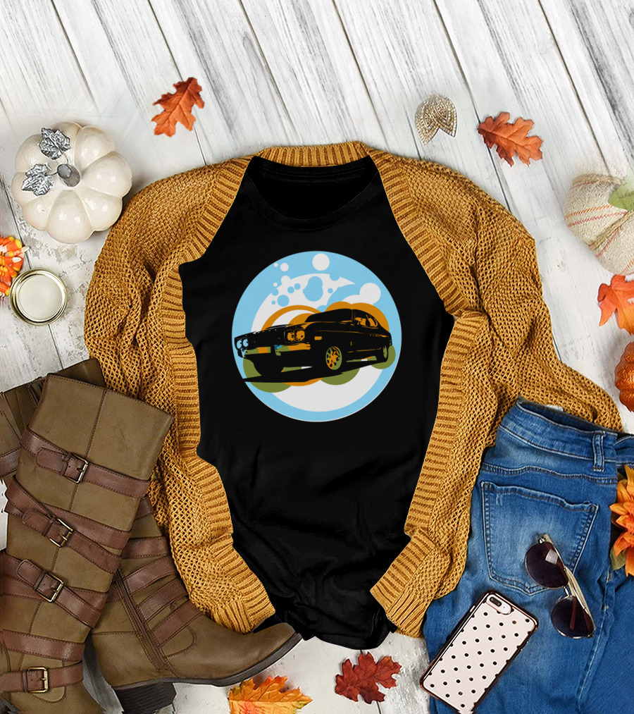 Ford Capri Retro Silhouette on Colorful Circle Background T-Shirt