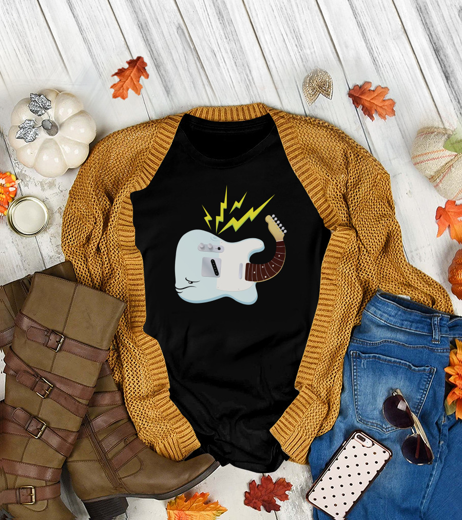Electric Guitar with Shocked Expression and Lightning Bolts T-Shirt