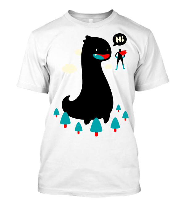 Giant Friendly Dinosaur With Superhero Greeting In Forest Scene T-Shirt