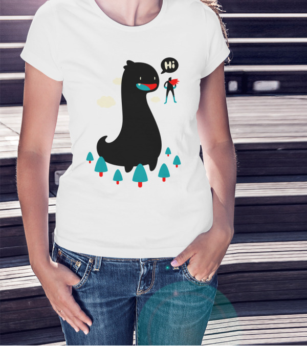 Giant Friendly Dinosaur With Superhero Greeting In Forest Scene T-Shirt