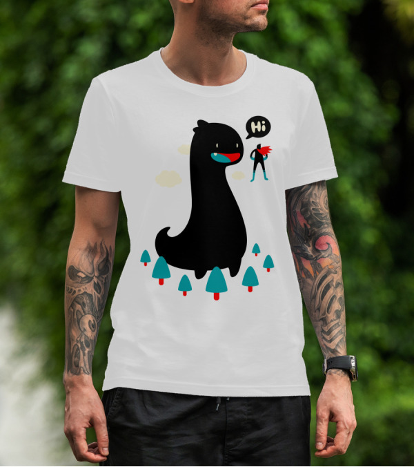 Giant Friendly Dinosaur With Superhero Greeting In Forest Scene T-Shirt