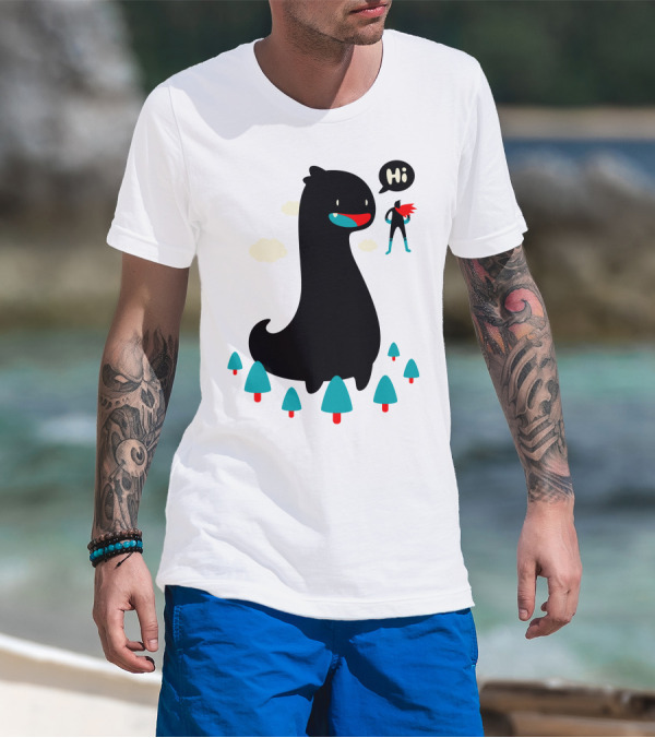 Giant Friendly Dinosaur With Superhero Greeting In Forest Scene T-Shirt