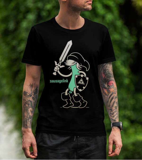 SausageLink Sword Wielding Character With Triforce Shield T-Shirt