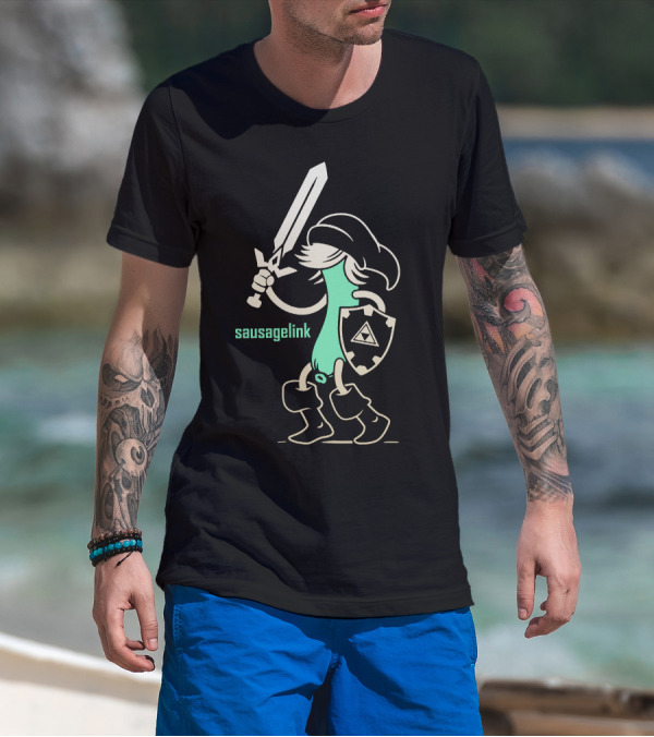SausageLink Sword Wielding Character With Triforce Shield T-Shirt
