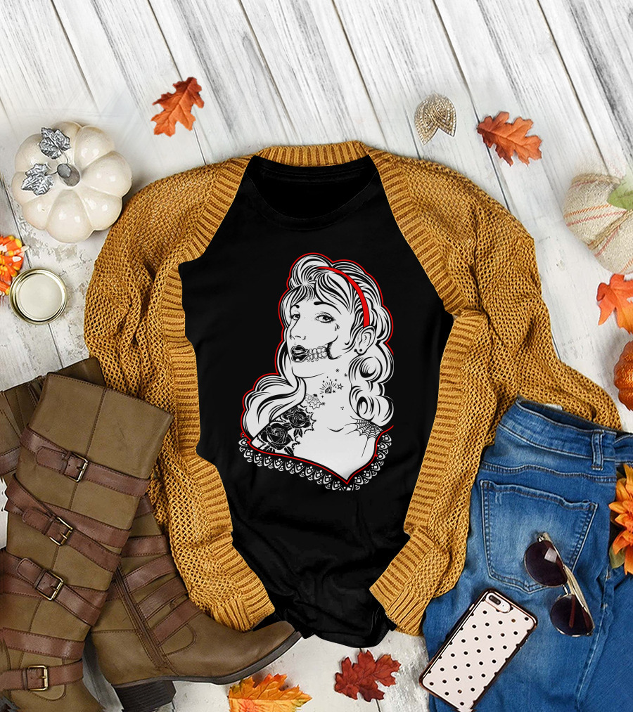 Sugar Skull Woman with Roses and Web Tattoo White T-Shirt
