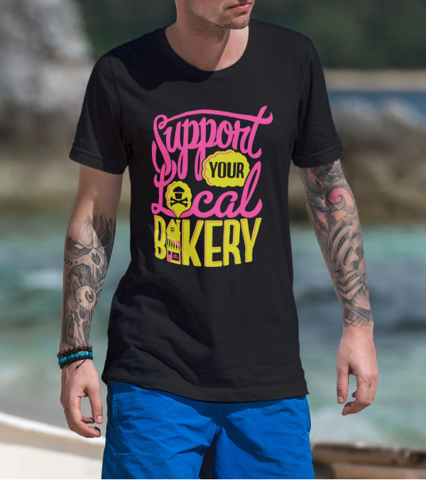 Support Your Local Bakery Cupcake Crossbones Bright Neon T-Shirt
