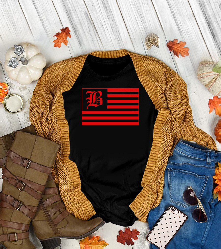 B Red Flag Stripes Black T-Shirt