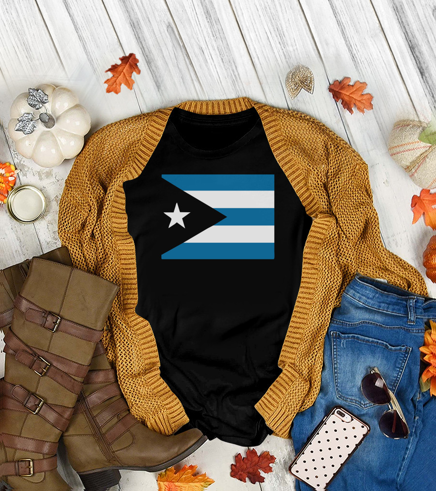 Cuba International Flag Blue and White Stripes Black Triangle with White Star T-Shirt