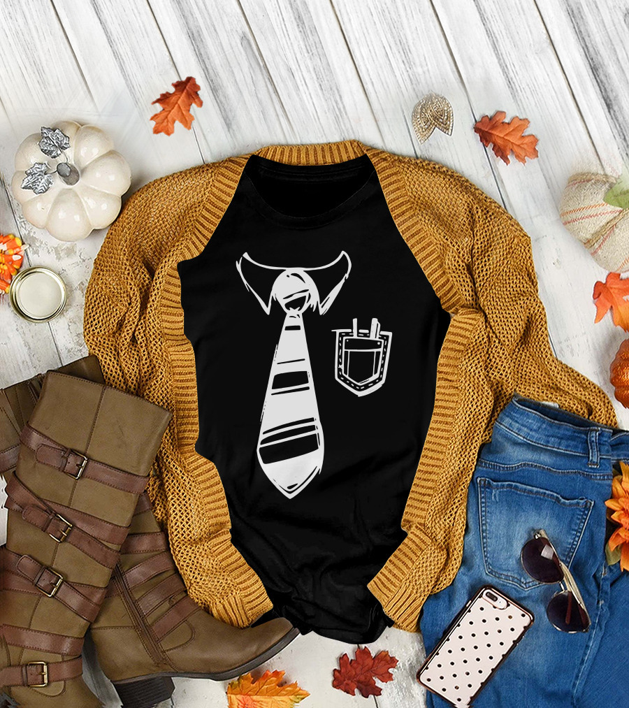 Striped Tie with Collar and Pocket Protector T-Shirt
