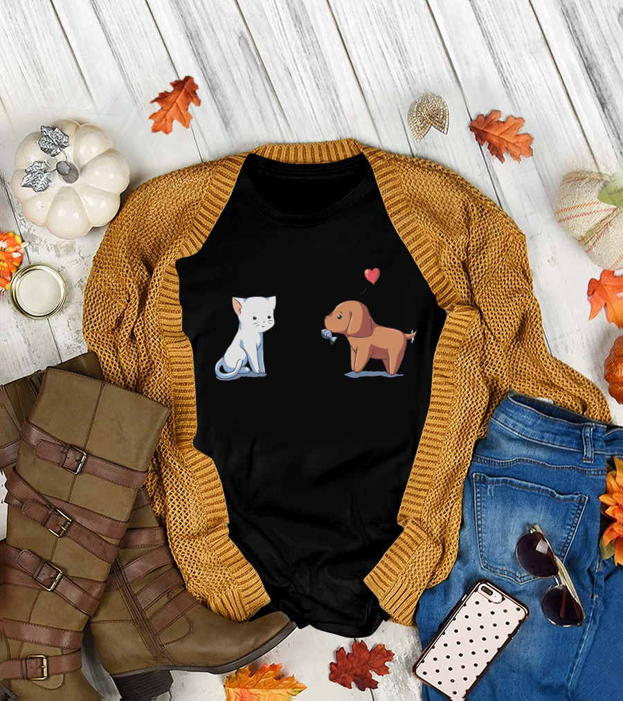 Cat and Dog Courtship with Heart and Fish Romantic Gesture T-Shirt