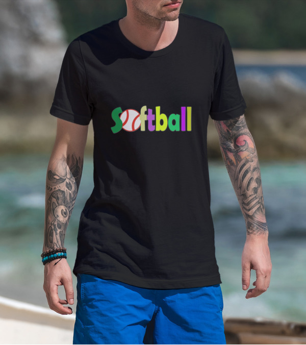 Softball Neon Rhinestud Multicolor Baseball Text T-Shirt
