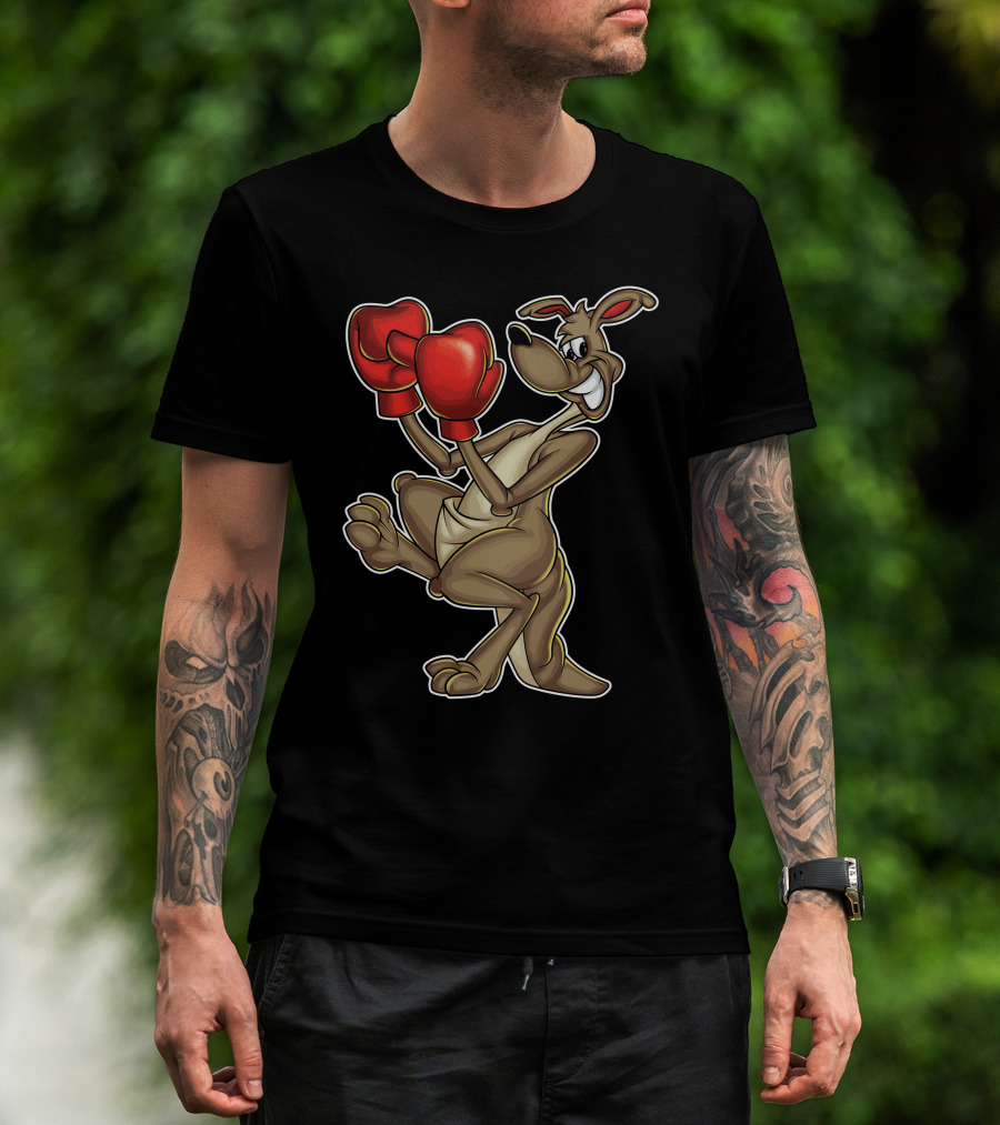 Man with tattoos models Boxing Kangaroo with Red Gloves T-Shirt outdoors.