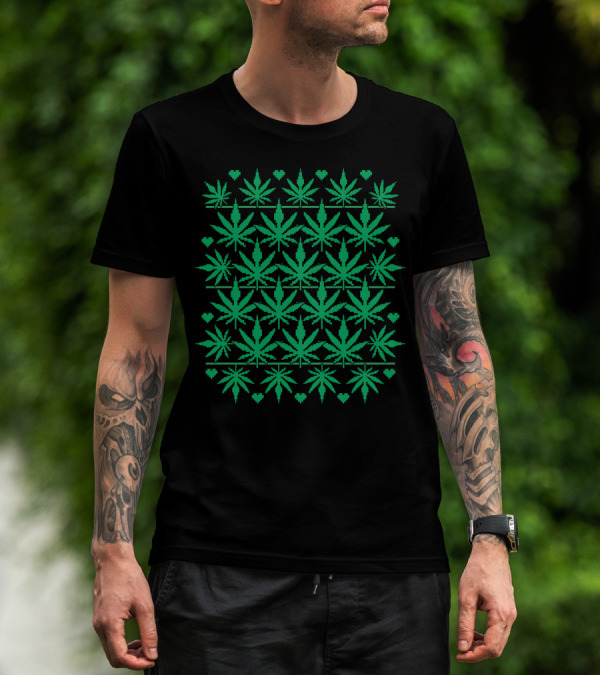 Marijuana Leaf Ugly Christmas Sweater Pattern Green Pixel Hearts T-Shirt