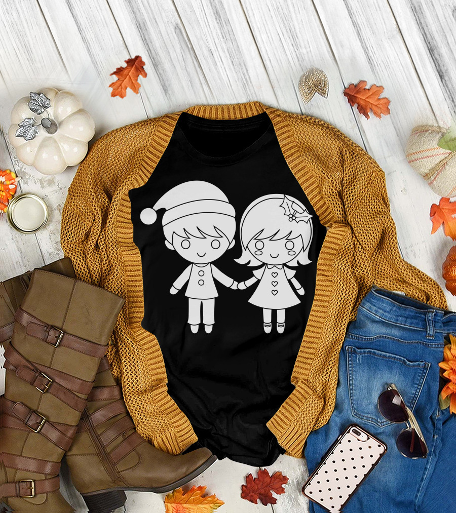 Mery and Holiday Couple Holding Hands with Christmas Hat and Holly T-Shirt