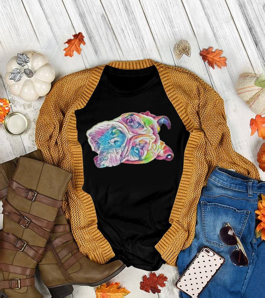 A Closeup Of The Face of a Colorful Bulldog T-Shirt