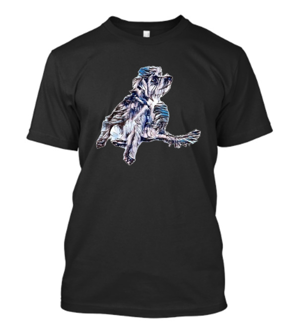 A Small Scruffy Dog Scratchin' Artwork With Textured Blue And White Lines T-Shirt