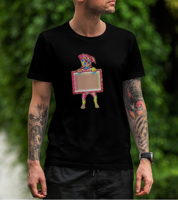 An Adorable Little Black Pup With A Colorful Tablet T-Shirt