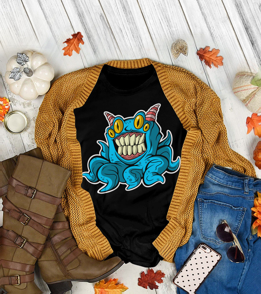 Blue Octopus Monster Creature with Tentacles and Horns T-Shirt