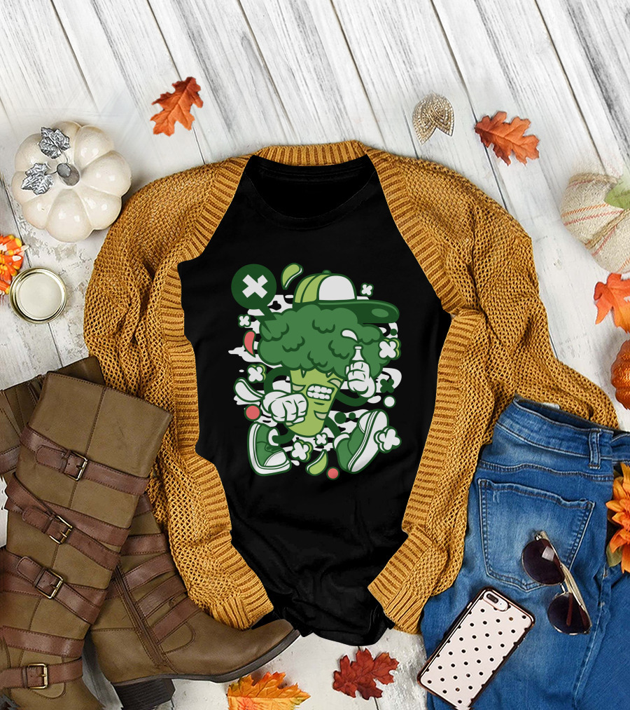 Brocoli Cool Cartoon Character with Baseball Cap and Sneakers T-Shirt