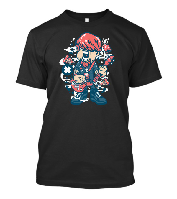 Broken Guitar Cartoon Character With Pizza And Soda Elements T-Shirt