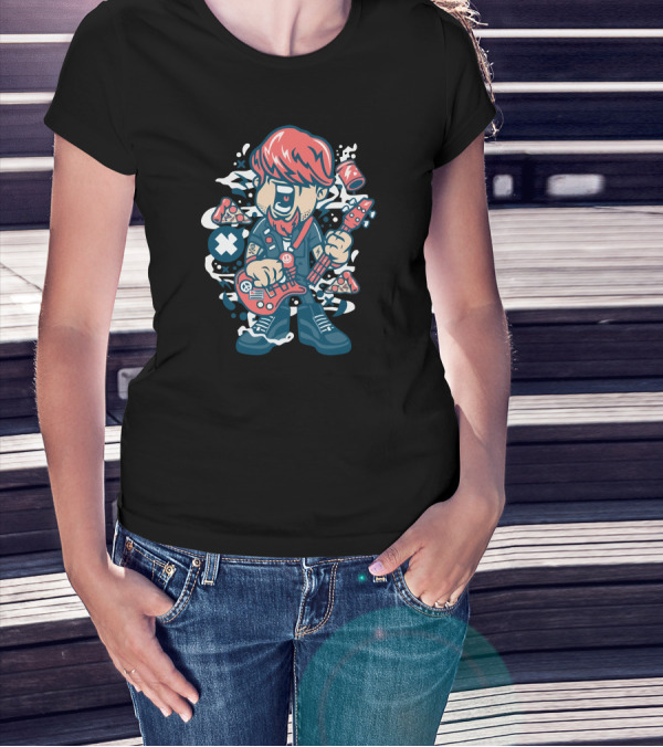 Broken Guitar Cartoon Character With Pizza And Soda Elements T-Shirt
