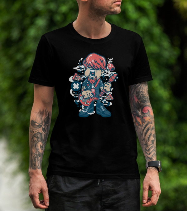 Broken Guitar Cartoon Character With Pizza And Soda Elements T-Shirt