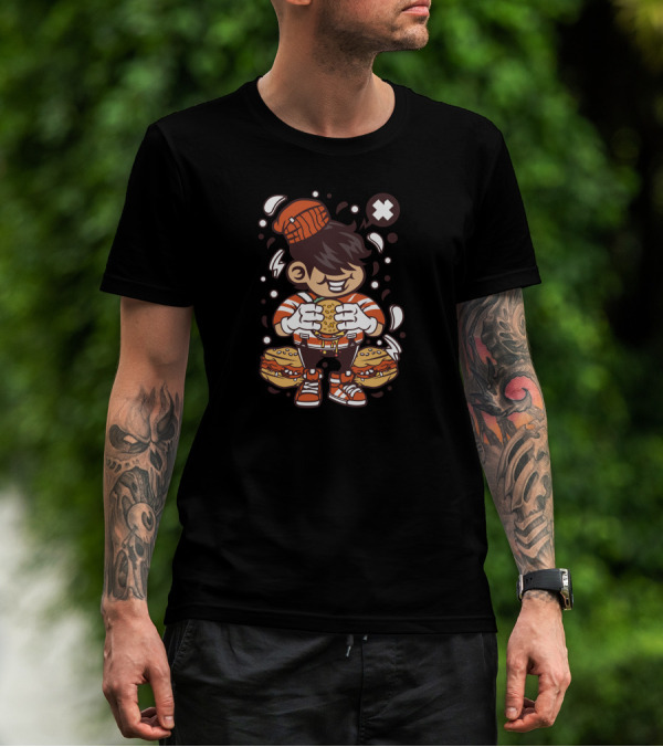 Manga-Style Character Enjoying Cheeseburger With Beanie And Sneakers T-Shirt