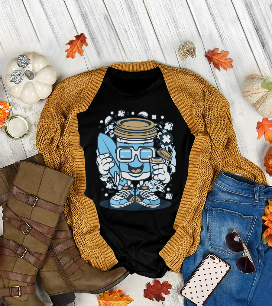 Coffee Cup Surfer Fun Cool Glasses Sneakers T-Shirt