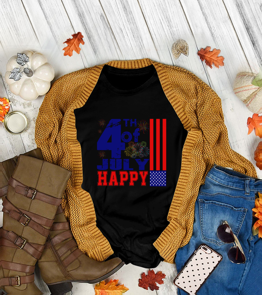 Happy 4Th of July with Fireworks and Patriotic Symbols T-Shirt