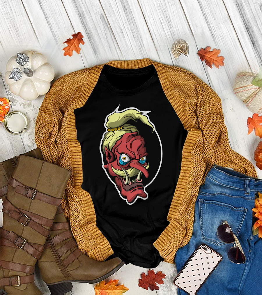 Japan Red Demon Oni Mask Face T-Shirt