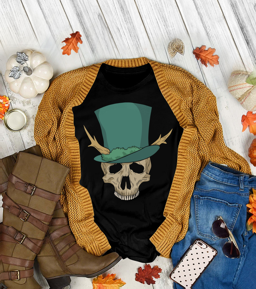 Nice Hat Skull with Green Top Hat and Antlers T-Shirt