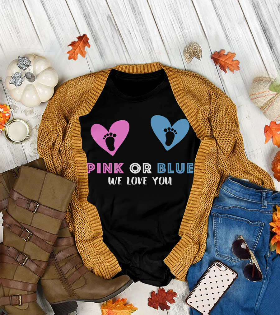 Pink or Blue We Love You Baby Gender Reveal Hearts and Footprints T-Shirt